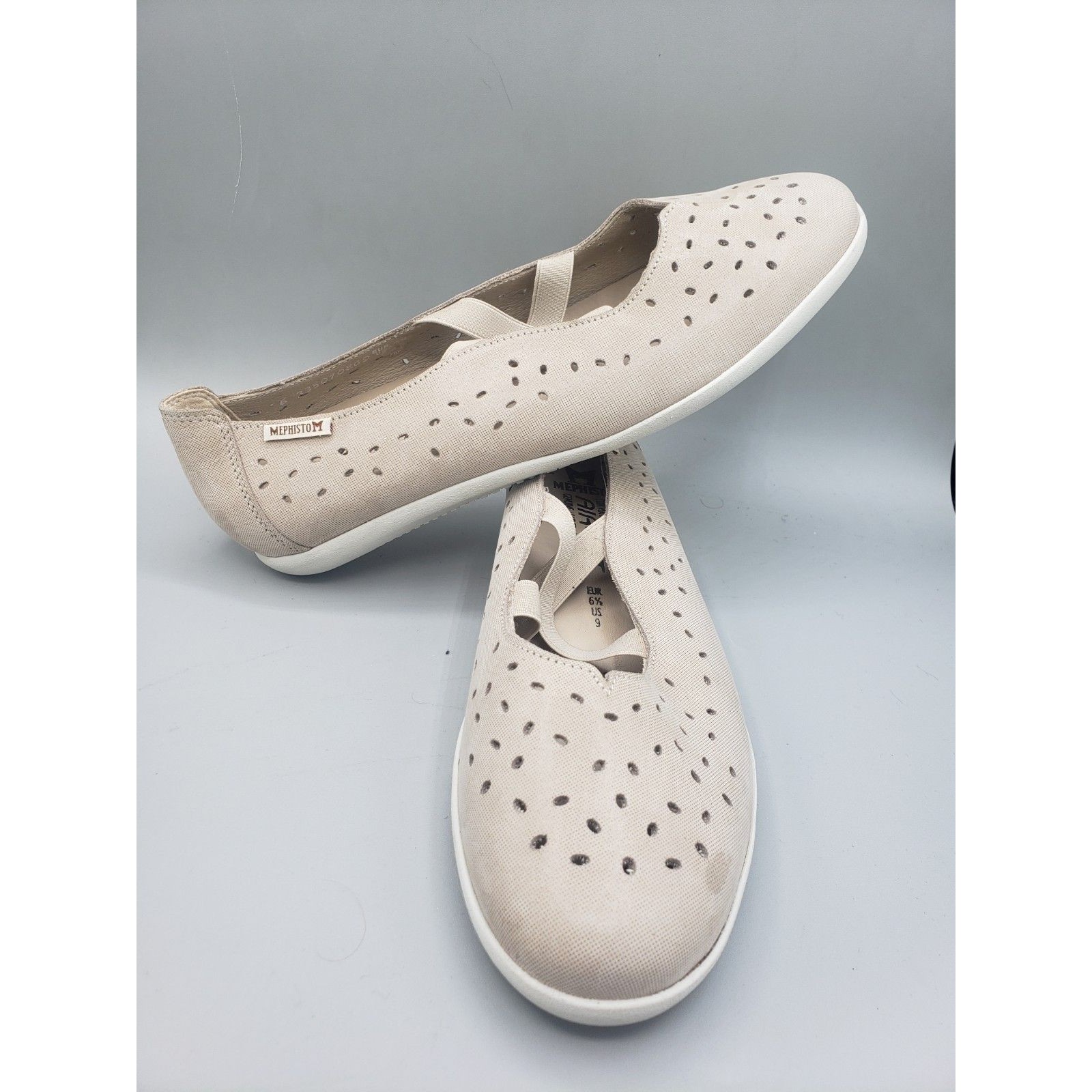 Mephisto Karla Perf Flats Women's Us 9 Taupe Leather Criss-Cross Strap Slip On